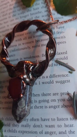 Thumbnail: Handmade electroformed crystal point pendant with carnelian crystal