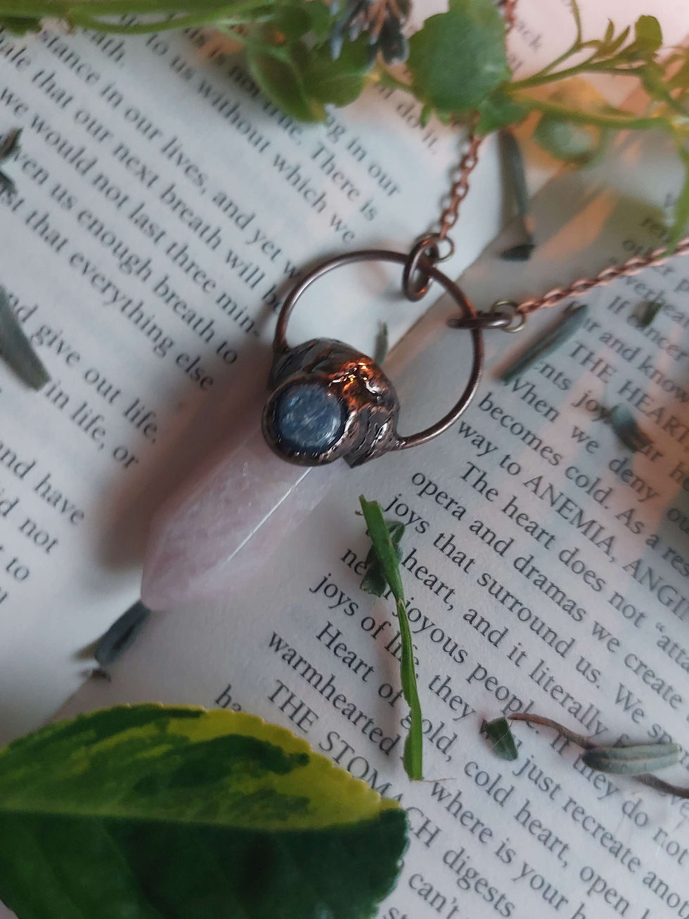 Thumbnail: Handmade electroformed rose quartz point pendant with blue kyanite crytal