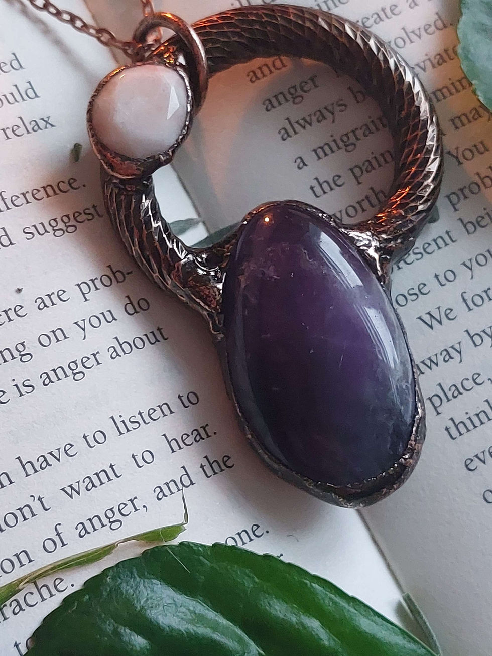 Miniature : Handmade electroformed amethyst pendant with pink opal stone
