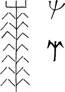 6/a. ábra. A minta olvasata: Tapar zsen, mai magyarsággal: Szabír (ős) zsendül "feltámad, újjászületik", az ábra jobb szélén fentről lefele a székely írás "zs" (zsen, zsenge) rovásbetűje és ten "élet, isten" szójele (a tapar kivonata)