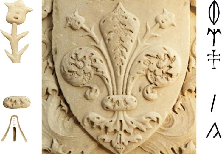 4. ábra. A leggondosabban kidolgozott fleur de lis ábrázoláson sincs nyoma a lilomhagymának, ám a magyar hieroglif írás jeleinek maradéka felismerhető benne, az ábra jobb szélén lentről felfele a székely írás "g" (ég), "r" (ragyogó), "gy" (egy), ten és ős jelei láthatók, az olvasat: Égben ragyogó Egy isten