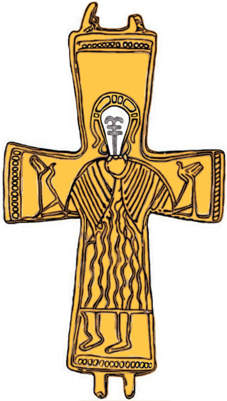 3. ábra. Az Árpád kori bronzkereszt Krisztusának arcára tették a kettős keresztet tartalmazó Egy ten (mai magyarsággal: Egy isten) mondatjelet