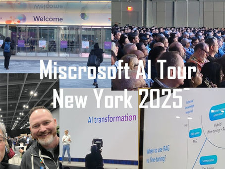 Collage of scenes from the Microsoft AI Tour New York 2025, including the event entrance at the Javits Center, a packed audience attending a keynote session, presenters on stage discussing AI transformation, a slide comparing RAG vs. fine-tuning, and attendees networking—capturing the energy, innovation, and collaboration around generative AI and Azure technologies.