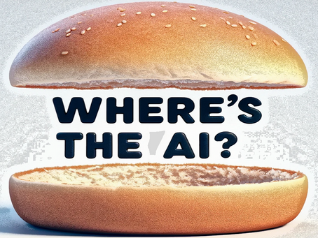A stylized hamburger bun graphic labeled “WHERE’S THE AI?”, visually symbolizing the challenge of identifying AI’s presence in marketing research.