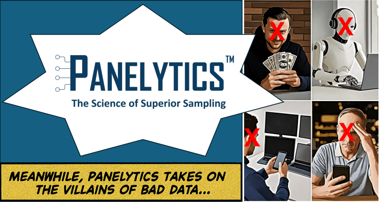 Comic-style graphic of PANELYTICS logo with tagline ‘The Science of Superior Sampling,’ showing villains of bad data like fraudsters, bots, survey farms, and inattentive respondents, with caption ‘Meanwhile, PANELYTICS takes on the villains of bad data.