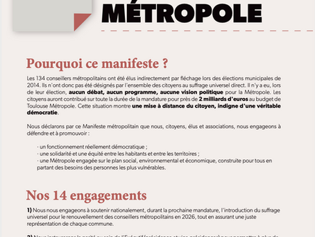 La Liste Citoyenne de Tournefeuille s'engage et signe le MANIFESTE POUR UNE NOUVELLE MÉTROPOLE
