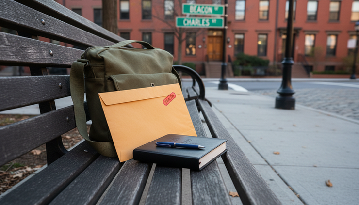 Low-angle view of Boston street signs and a messenger bag beside notarization papers on a bench