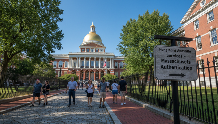 Wide-angle view of the Massachusetts State House from a public walkway.