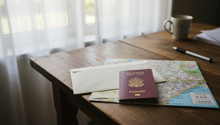 Eye-level view of a passport and travel envelope on a kitchen table.