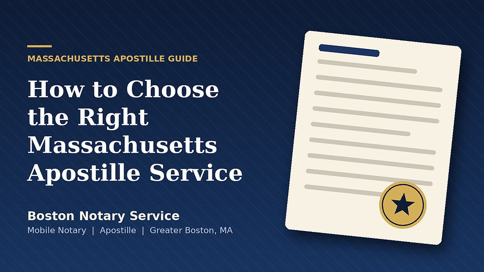 Massachusetts apostille service guide from Boston Notary Service, showing a document with a gold seal