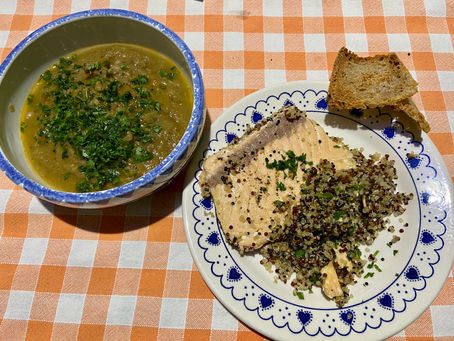 Canned salmon, quinoa and vegetables soup