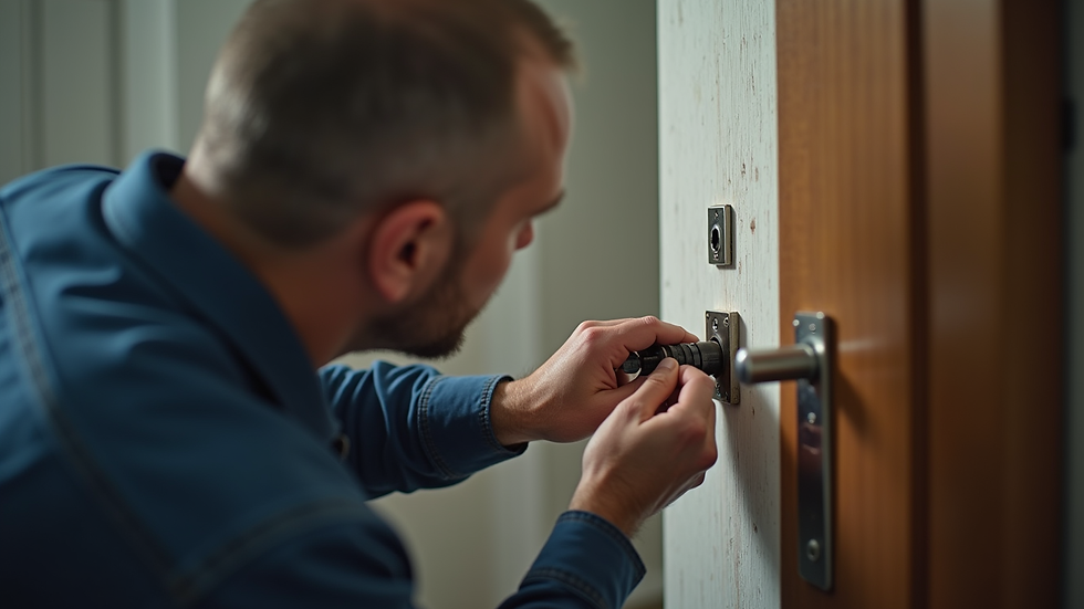 Eye-level view of a locksmith working on a residential door lock
