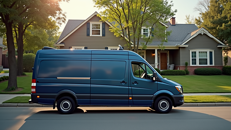 High angle view of a locksmith van parked outside a residential home