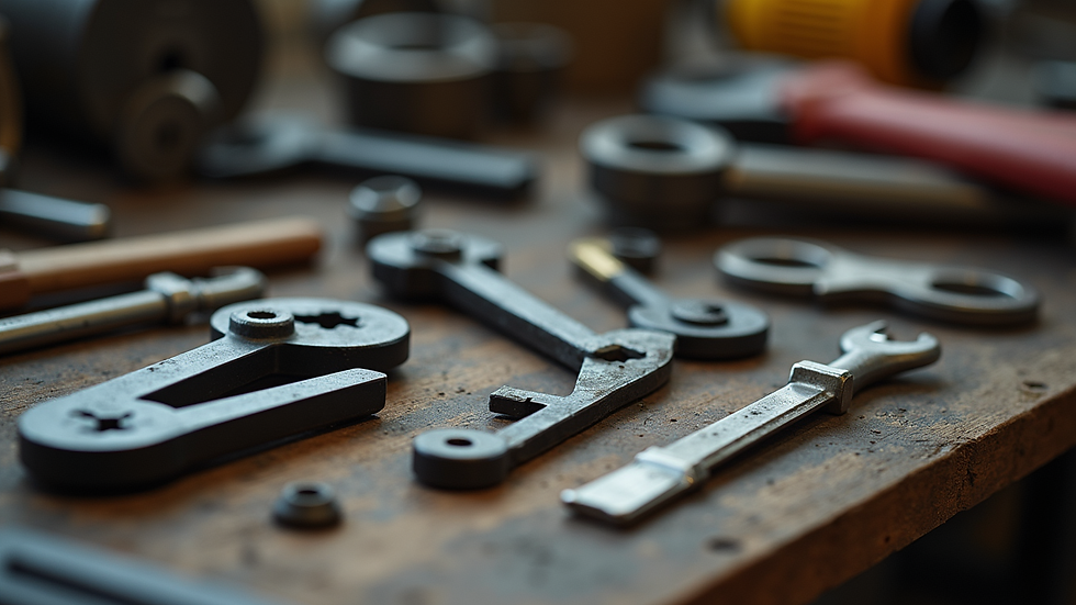 Close-up view of locksmith tools laid out on a workbench