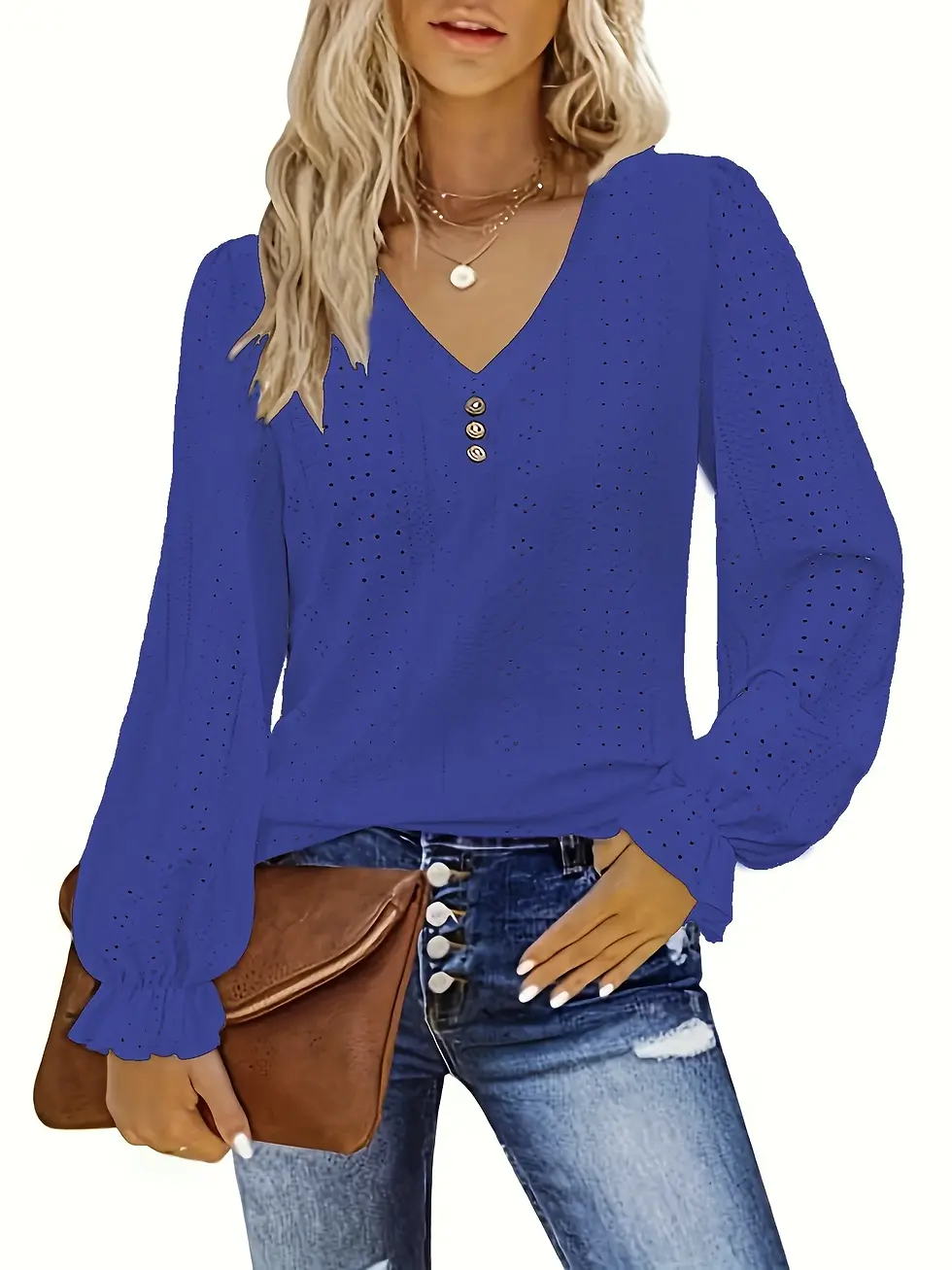 Miniatura: Plus Size Eyelet Button Decor T-Shirt Casual v Neck Long Sleeve Top for Spring &