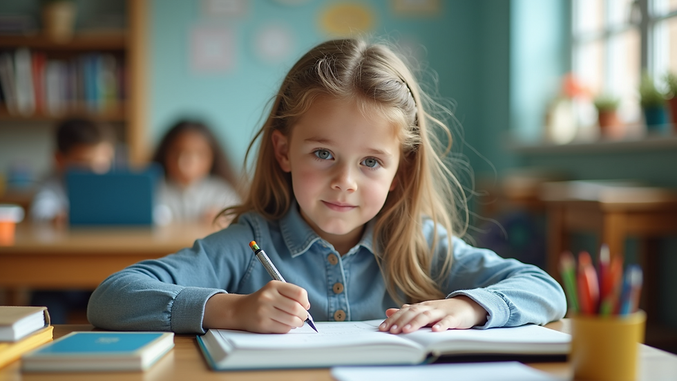 eye-level view of child’s desk with school supplies and books