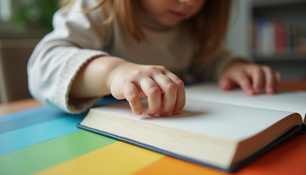 Eye-level view of a child reading a colorful book