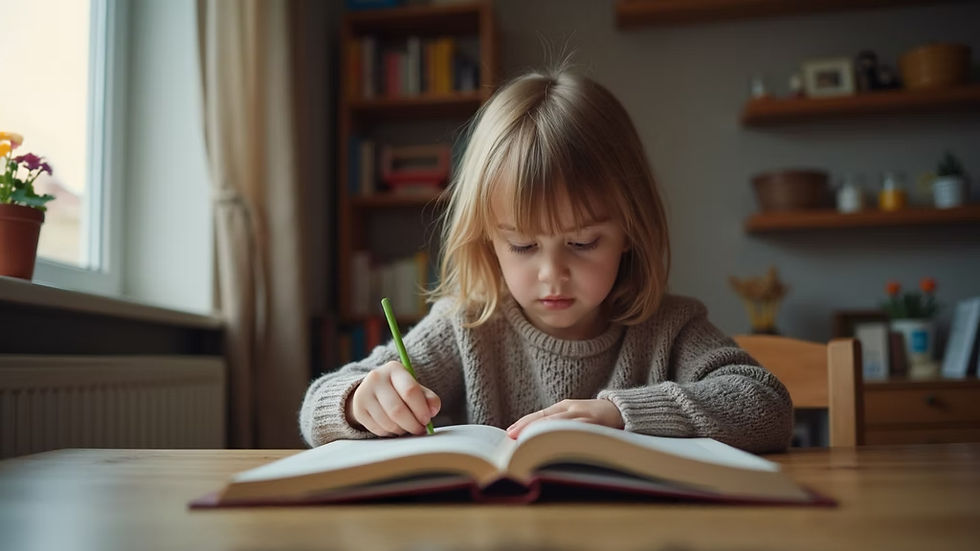 Eye-level view of a child reading a Russian book at home