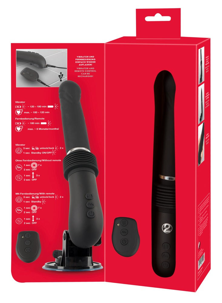 Miniaturbild: RC Fucking Machine 2.0 Verpackung Rückseite – Übersicht der 7 Vibrations- und 3 Stoßmodi sowie Lieferumfang
