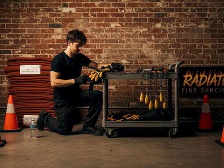 Fire performer setting up props backstage