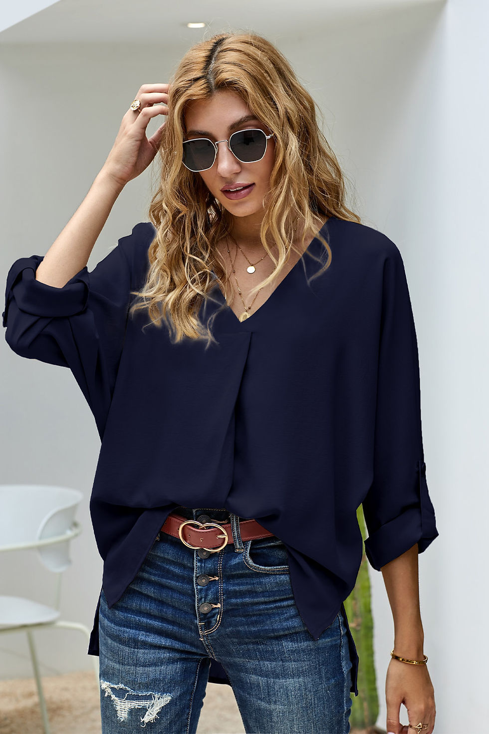Thumbnail: V Neck Rolled sleeve High Low Hem Shirt /Blouse