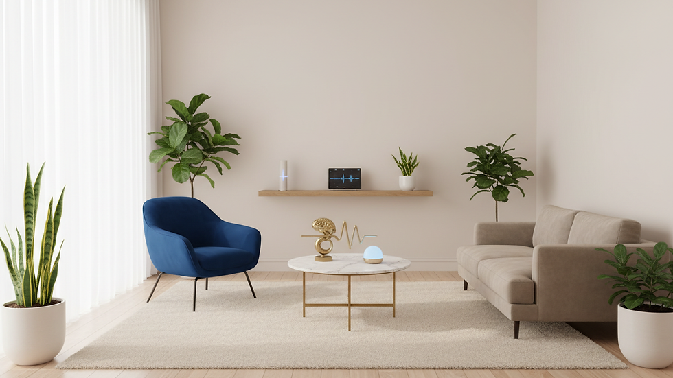 Eye-level view of a calm therapy room with natural light and plants