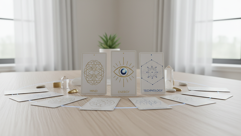 Eye-level view of tarot cards spread on a wooden table