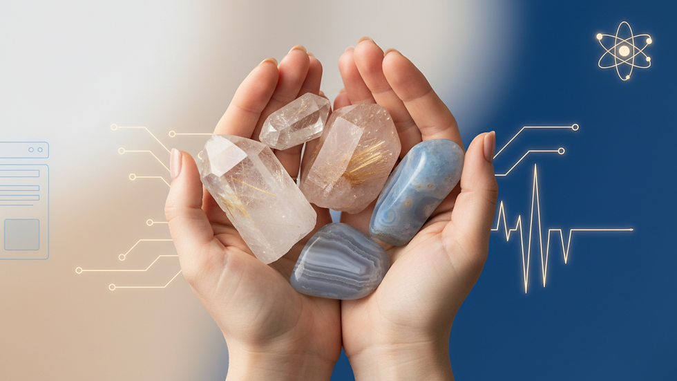 Plano cerrado de manos sosteniendo piedras de cuarzo para terapia energética