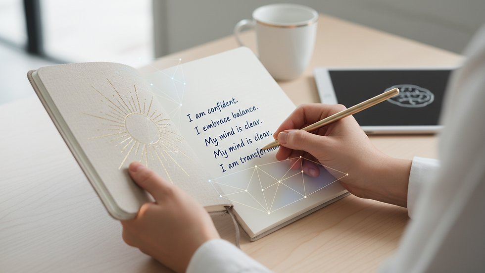 Close-up view of a person writing affirmations in a journal