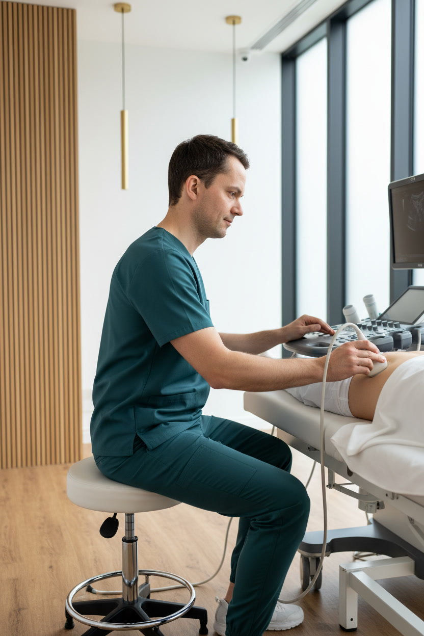 Dr. med. Michael Fiedler untersucht die Beinarterien eines Patienten per Duplex-Ultraschall – DGZO Berlin-Lichtenberg