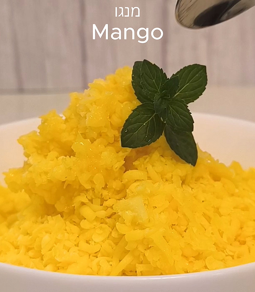 Grated yellow mango in a bowl with mint leaves on top. Text "Mango" in English and Hebrew above. Background is blurred wood paneling.