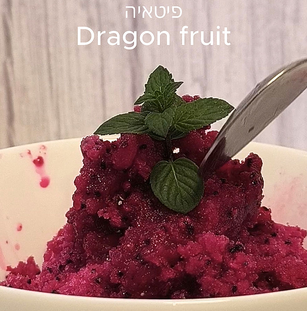 Bright magenta dragon fruit sorbet in a white bowl with mint leaves on top, spoon digging in. Text above reads "Dragon fruit" in English and Hebrew.