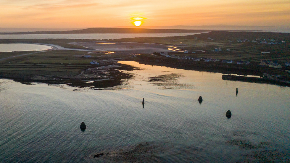 Sunset over the Aran Islands with calm waters and distant coastline, ideal backdrop for group events and retreats.