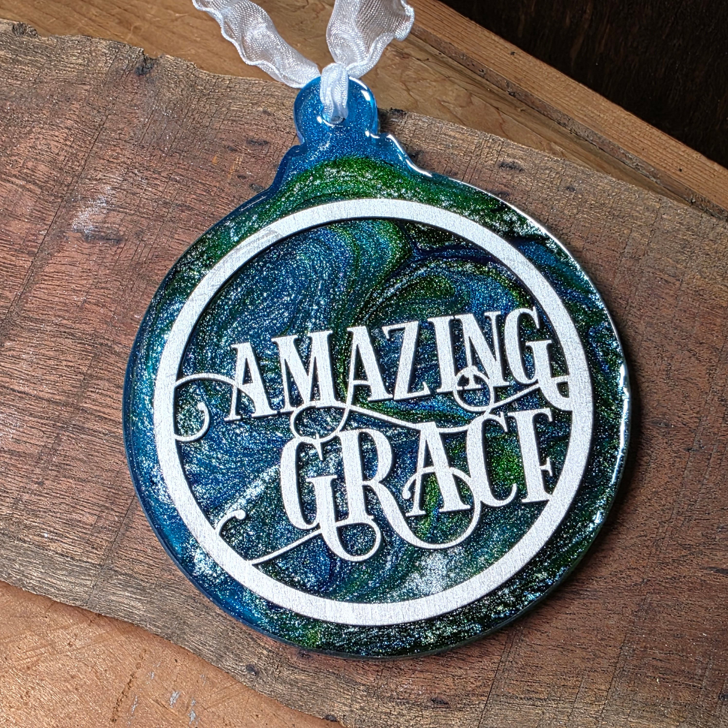 HAND POURED EPOXY RESIN AND WOOD ORNAMENT ON WHITE RIBBON