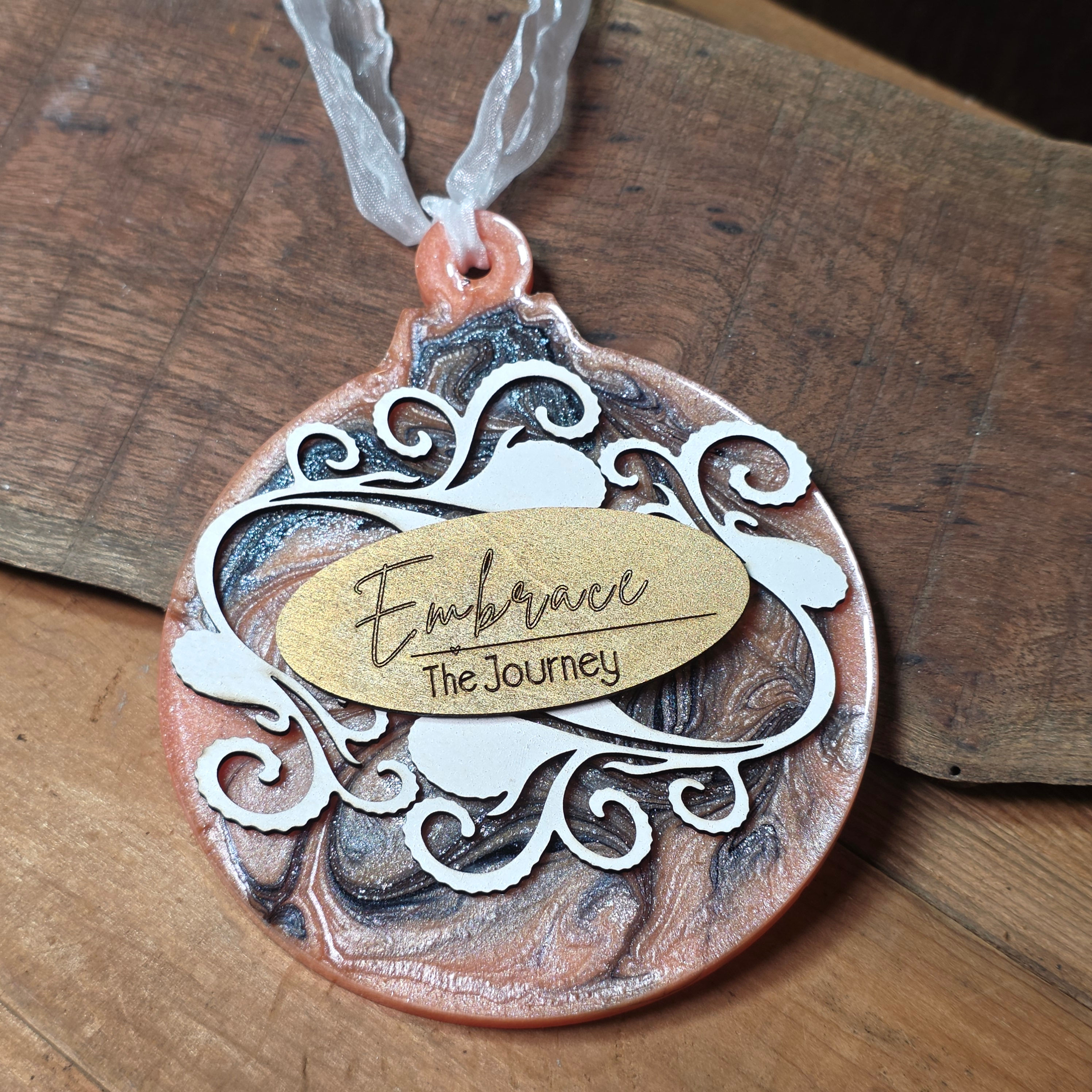 HAND POURED EPOXY RESIN AND WOOD ORNAMENT ON WHITE RIBBON
