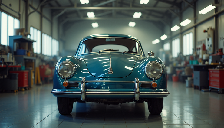 Eye-level view of a classic car undergoing detailed restoration in a well-equipped garage