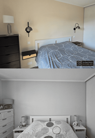 Comparaison avant-après de l'aménagement d'une chambre à Nogent-sur-Marne. En haut, le projet finalisé avec un mur peint en jaune ocre chaleureux, des appliques murales design noires et dorées, des tables de chevet suspendues et une housse de couette bleue à motifs géométriques. En bas, l'état initial de la chambre aux murs blancs et meubles disparates. Décoration signée Lise Dupin-Denisart.
