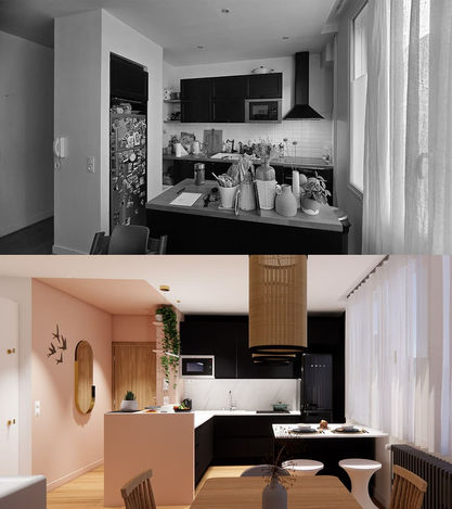 Montage avant après rénovation de cuisine. En haut, ancienne cuisine encombrée. En bas, cuisine design moderne avec mur rose terracotta, meubles noirs mats, plan de travail blanc et luminaires suspendus en rotin.