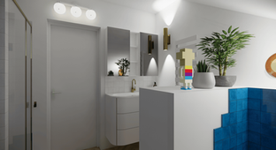 Vue 3D du coin lavabo avec un meuble vasque blanc suspendu aux lignes courbes et robinetterie en laiton doré. L'espace est décoré de plantes vertes et d'une figurine pixel-art sur un muret, avec un miroir armoire rétroéclairé et des appliques murales design.