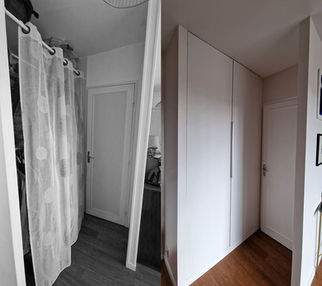 Rénovation d'un dressing d'entrée : passage d'une penderie ouverte dissimulée par un simple rideau blanc à un placard sur mesure intégré. Les nouvelles portes de placard blanches toute hauteur avec de fines poignées minimalistes créent un aspect épuré et optimisent le rangement sous plafond.