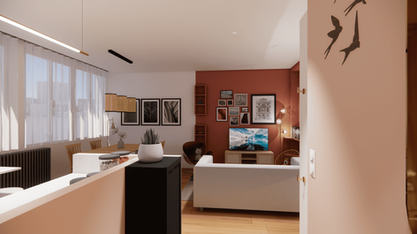 Perspective d'une pièce de vie lumineuse depuis l'entrée. Alliance de blanc et de terracotta, mobilier contemporain et grandes fenêtres avec voilages blancs.