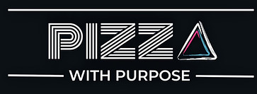 Pizza with Purpose Logo with white lighting. The letter A at the end of Pizza is a triangle, to look like a pizza slice