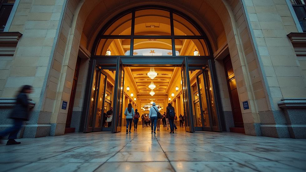 Eye-level view of the entrance of Teatro Municipal de Santo André with people entering