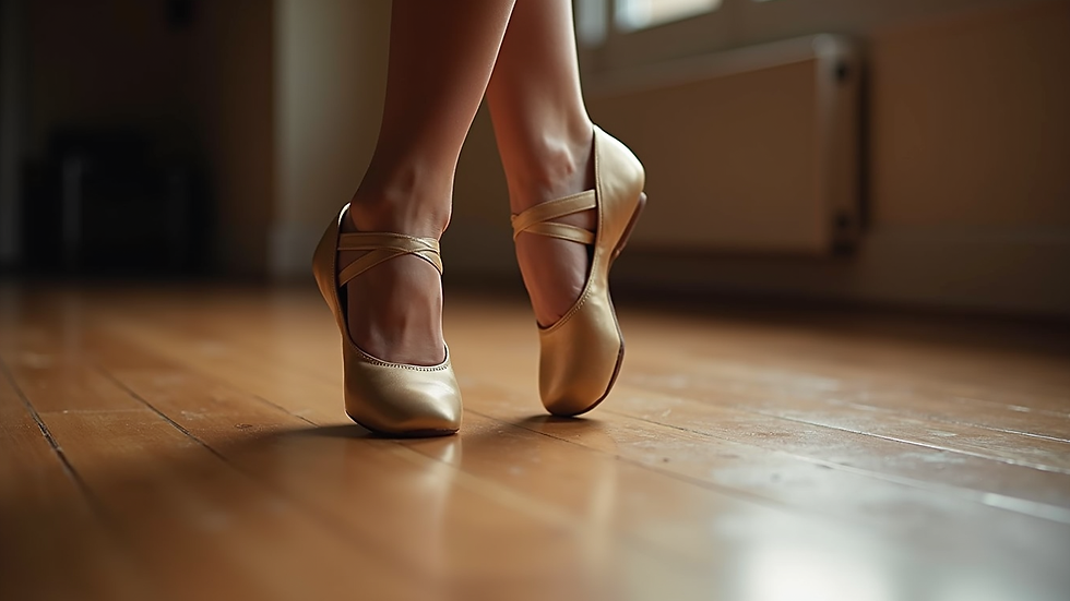 Close-up view of a dancer's feet in jazz shoes on a wooden floor