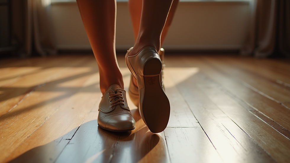 Close-up view of a person’s feet in dance shoes on a wooden floor
