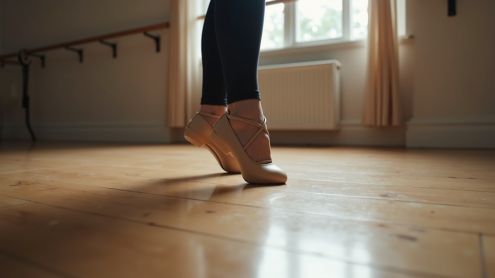 Close-up view of dance shoes on wooden floor in a dance studio