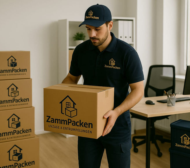 Umzugshelfer stellt ZammPacken-Karton auf einen Stuhl im Büro