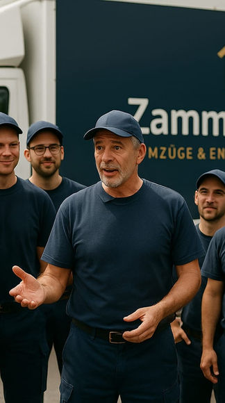 Gruppe von ZammPacken-Mitarbeitern lächelt vor dem Firmenbanner
