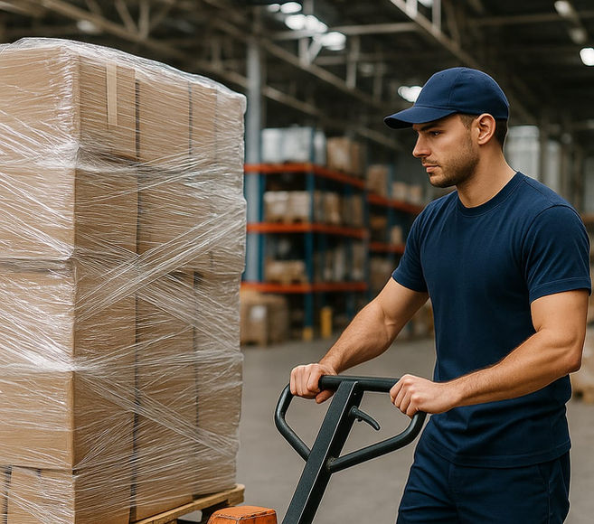 Mitarbeiter bewegt Palettenstapel im Lager mit einer Sackkarre