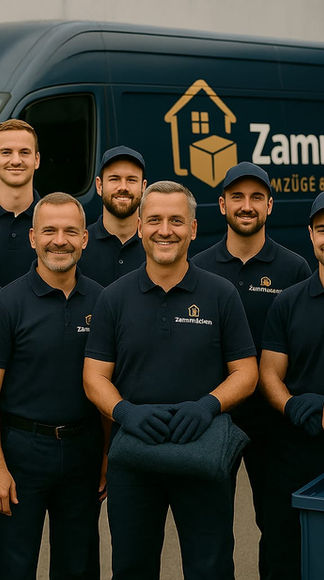 Lächelndes ZammPacken-Team in Uniform bei einem Gruppenfoto